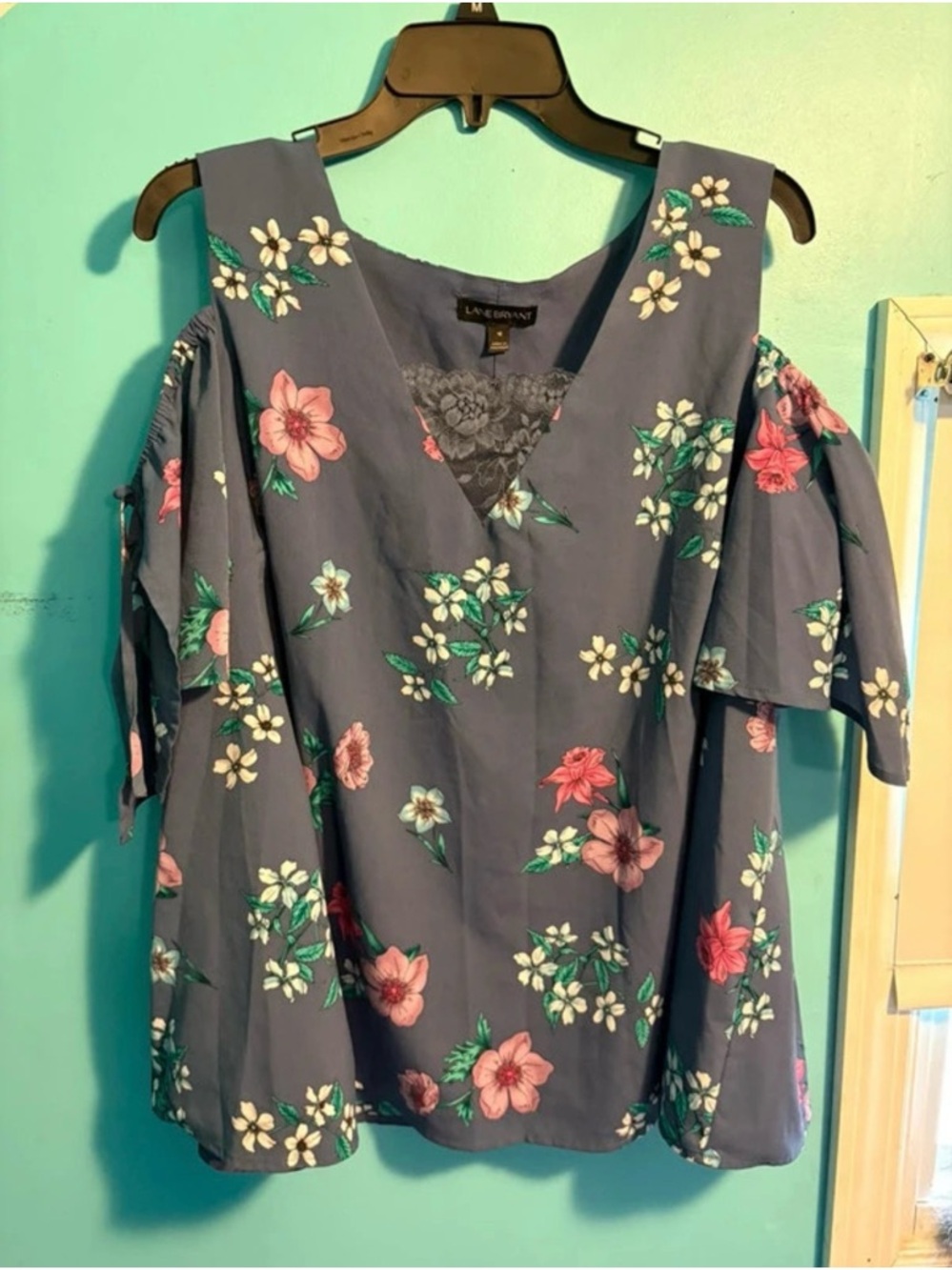 Lane Bryant Blue Floral Cold-Shoulder Tie-Sleeve Blouse